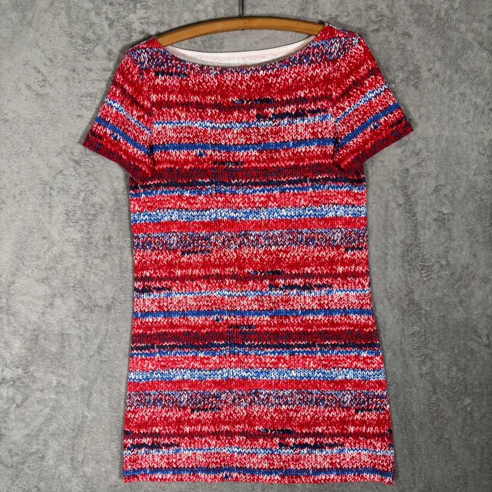 Tory Burch Red White Blue Space Dye Yarn Print Pima Cotton Knit Mini Dress Small
